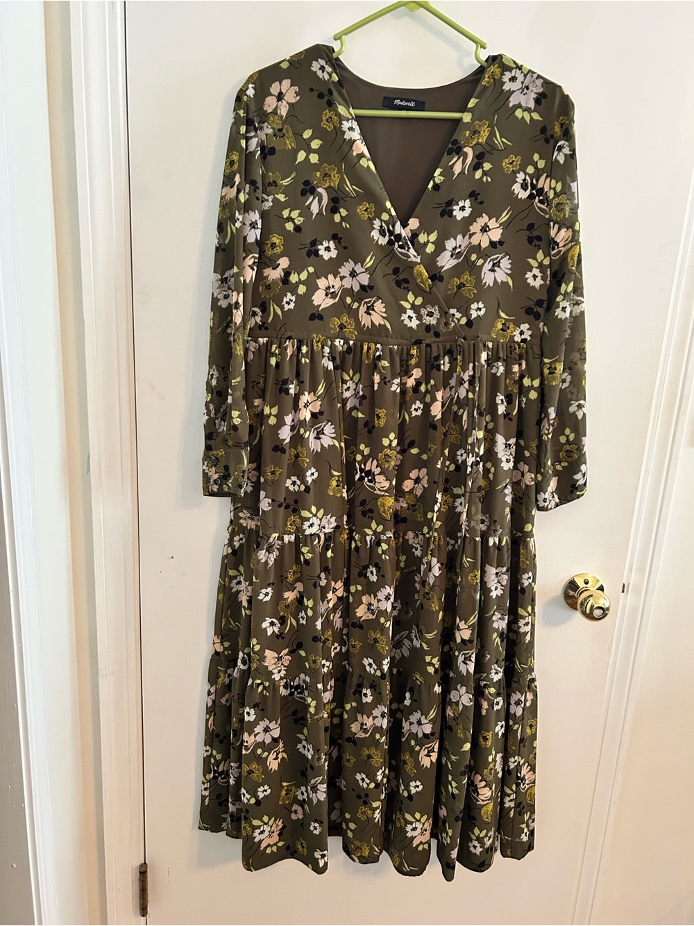 Madewell Olive Floral V-Neck Tiered Midi Dress